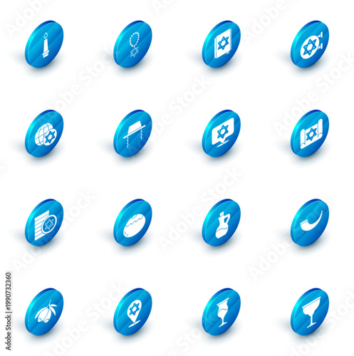 Set Star of David necklace on chain, Jewish torah book, synagogue, World Globe and Israel, coin, Orthodox jewish hat, Torah scroll and icon. Vector