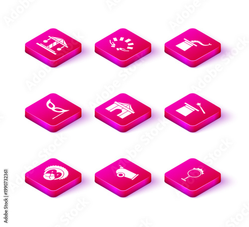 Set Wild lion, Cannon, Festive mask, Circus tent, fire hoop, Magic hat and wand, Magician and Hand holding playing cards icon. Vector