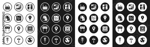 Set Gps device with map, Great Bear constellation, City navigation, Broken road, Location, and Road traffic sign icon. Vector
