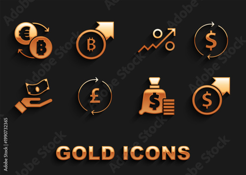 Set Coin money with pound, Financial growth and dollar, Money bag, Hand holding, Percent up arrow, Cryptocurrency exchange and bitcoin icon. Vector