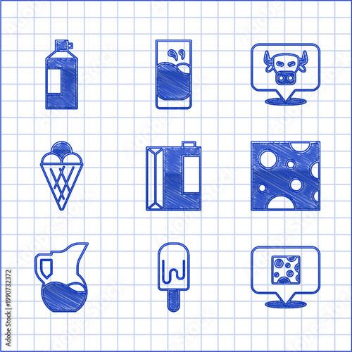 Set Paper package for kefir, Ice cream, Cheese, Milk jug pitcher, in waffle cone, Cow head and Whipped bottle icon. Vector