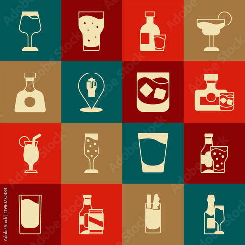 Set Champagne bottle and glass, Beer, Whiskey, Bottle of vodka with, Alcohol or beer bar location, Tequila, Wine and Glass whiskey icon. Vector