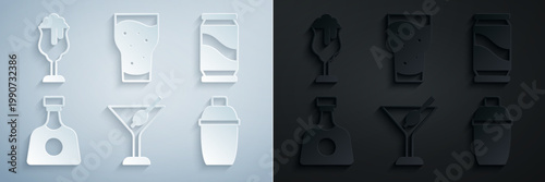 Set Martini glass, Beer can, Tequila bottle, Cocktail shaker, Glass of beer and icon. Vector