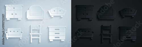 Set Chair, Sofa, Furniture nightstand, Armchair and icon. Vector