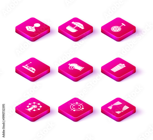 Set Ferris wheel, Target sport for shooting competition, Bumper car, Cannon, Curtain, Popcorn cardboard box, Unicycle one bicycle and Attraction carousel icon. Vector