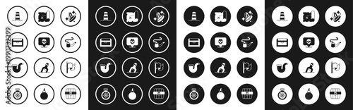 Set Pirate coin, Skull, Antique treasure chest, Lighthouse, Smoking pipe, map, flag and icon. Vector