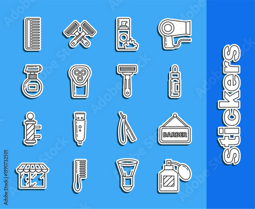 Set line Aftershave, Barbershop, Glass bottle with pipette, Shaving gel foam, Electrical hair clipper or shaver, Cream lotion cosmetic tube, Hairbrush and razor icon. Vector