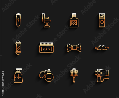 Set line Aftershave, Electrical hair clipper or shaver, Hairbrush, dryer, Cream lotion cosmetic jar, Mustache and Bow tie icon. Vector