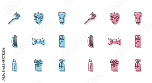 Set line Glass bottle with a pipette, Electrical hair clipper or shaver, Hairbrush, Cream lotion cosmetic tube, Bow tie, Shaving gel foam, and Mustache and beard shield icon. Vector