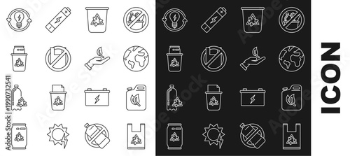 Set line Plastic bag with recycle, Bio fuel canister, Earth globe, Recycle bin symbol, Say no to plastic bags poster, and, light bulb lightning and Sprout hand of environmental protection icon. Vector
