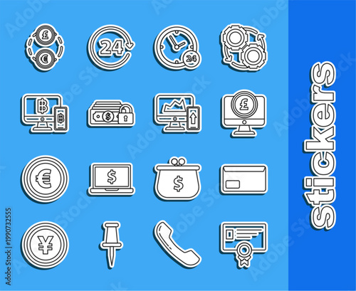 Set line Certificate template, Envelope, Computer monitor with pound sterling symbol, Clock 24 hours, Money, mobile phone and bitcoin, exchange and Financial chart graph the computer icon. Vector