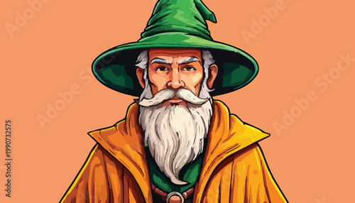 Illustration of a wise old wizard with a green hat.