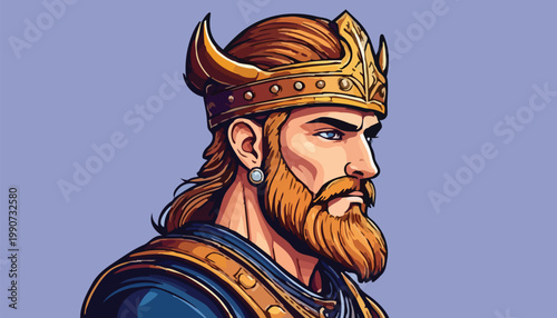 Illustration of a regal king with golden crown and beard.