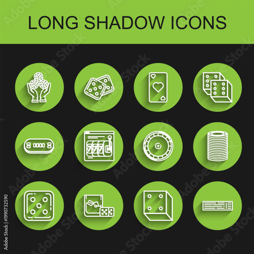 Set line Game dice, and glass of whiskey with cubes, Hand holding casino chips, Deck playing cards, Online slot machine lucky sevens jackpot, Casino and roulette wheel icon. Vector