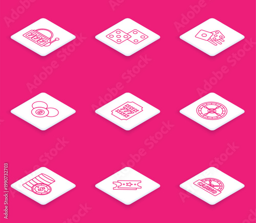 Set line Slot machine with lucky sevens jackpot, Game dice, Billiard pool snooker 8 ball, Casino roulette wheel, chip dollar and Lottery ticket icon. Vector