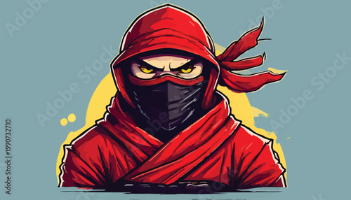 Intense Red Ninja Character with Mask and Hood.