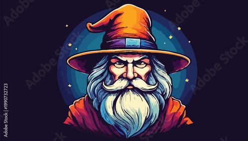 Intense Wizard Portrait with Pointed Hat and Flowing Beard.
