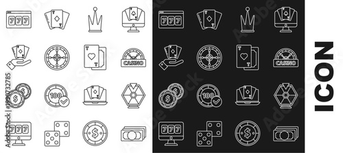 Set line Stacks paper money cash, Lucky wheel, Casino signboard, Crown, roulette, Hand holding deck of playing cards, Online slot machine with lucky sevens jackpot and Playing heart icon. Vector