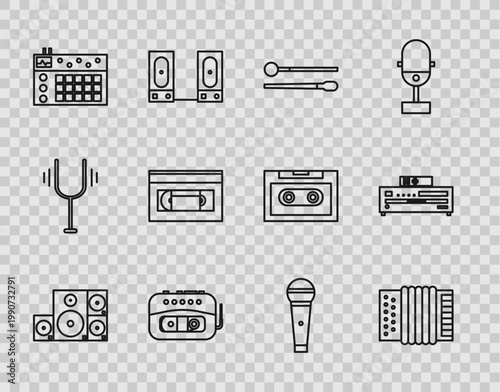 Set line Stereo speaker, Musical instrument accordion, Drum sticks, tape player, machine, VHS video cassette, Microphone and CD icon. Vector