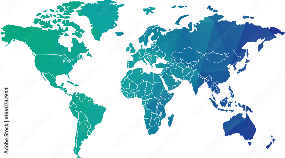 Obraz premium Geometric World Map Vector, Global Continents, Teal Blue Green Gradient vector illustration