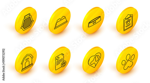 Set line Paw print, Heart with dog, Clipboard medical clinical record pet, Dog house, Pet food bowl, and carry case icon. Vector
