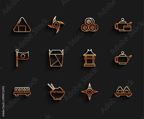 Set line Sushi on cutting board, Rice bowl with chopstick, Japanese ninja shuriken, Rstaurant opened take out box filled, tea ceremony and Gate icon. Vector