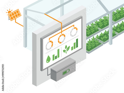 Isometric view of a smart agriculture system in a futuristic greenhouse with lush green plants and a control panel displaying vital statistics.