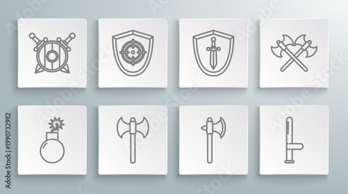 Set line Bomb ready to explode, Target sport, Medieval axe, Police rubber baton, shield with sword, Crossed medieval axes and Wooden crossed swords icon. Vector