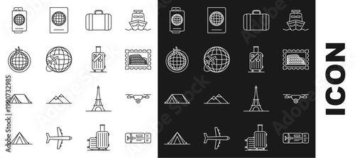 Set line Airline ticket, Drone flying with action video camera, Postal stamp and Coliseum, Suitcase for travel, Globe plane, Passport and stickers icon. Vector