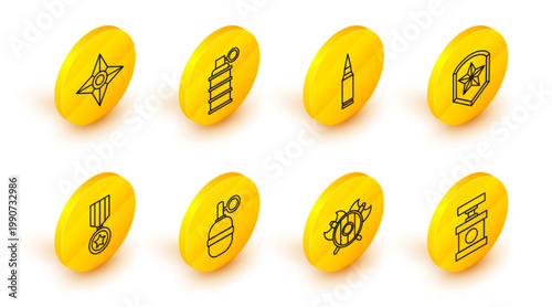 Set line Handle detonator for dynamite, Medieval shield with crossed axes, grenade, Military reward medal, Police badge, Bullet, and Japanese ninja shuriken icon. Vector