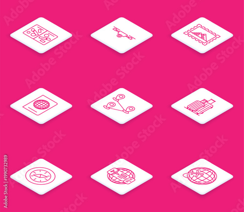 Set line Passport pages with visa stamps, Drone flying action video camera, Postal and Egypt pyramids, biometric data, Route location, Suitcase for travel, Compass and Airline ticket icon. Vector