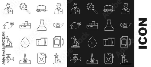 Set line Oil pump or pump jack, Contract money and pen, Canister for motor oil, railway cistern, tanker ship, exchange, Businessman stock market trader and petrol test tube icon. Vector