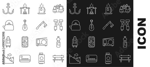 Set line Bench, Bottle of water, Binoculars, Cup tea with tea bag, Guitar, Kettle handle, Anchor and Wooden axe icon. Vector