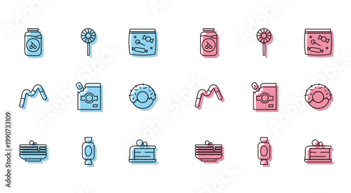Set line Stack of pancakes, Candy, Cherry jam jar, Piece, packaging for sweets, Donut, Jelly worms candy and Lollipop icon. Vector