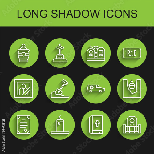 Set line Death certificate, Burning candle, Funeral, Holy bible book, Grave with tombstone, Shovel the ground, Coffin grave and Hearse car icon. Vector
