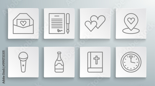 Set line Microphone, Marriage contract, Champagne bottle, Holy bible book, Clock, Heart, Location with heart and Envelope Valentine icon. Vector