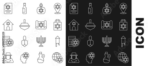 Set line World Globe and Israel, Firework rocket, Shopping bag with star of david, Burning candle, Hanukkah dreidel, Jewish synagogue, Torah scroll and icon. Vector