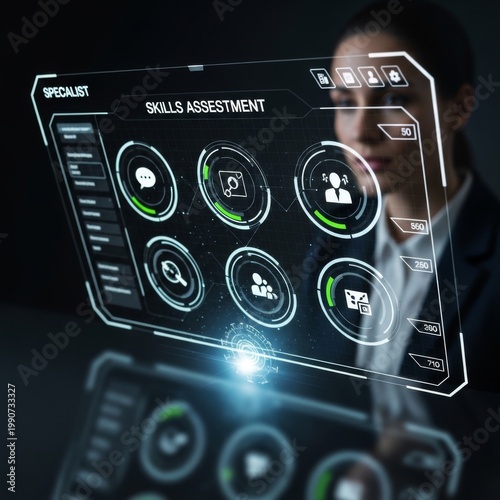 Businesswoman interacting with futuristic skills assessment