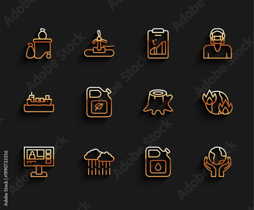 Set line Television report, Cloud with rain, Full dustbin, Canister for gasoline, Hands holding Earth globe, Bio fuel canister, Global warming fire and Tree stump icon. Vector
