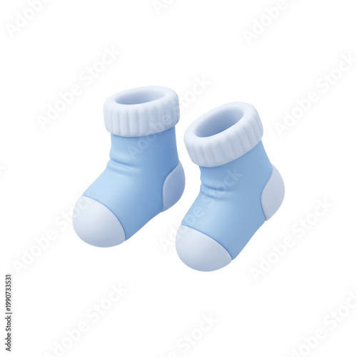 Baby boy booties 3d render with white toe and heel accents isolated on transparent background for nursery decor