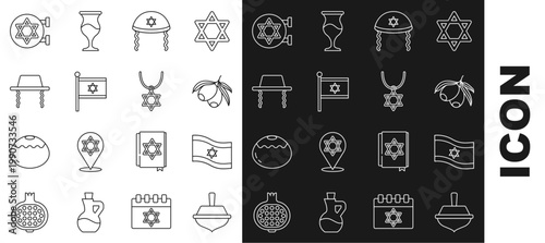 Set line Hanukkah dreidel, Flag of Israel, Olives branch, Jewish kippah, Orthodox jewish hat, synagogue and Star David necklace on chain icon. Vector