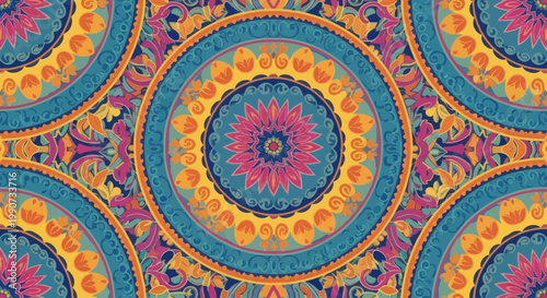 Vibrant circular mandala pattern with floral and paisley motifs in warm colors