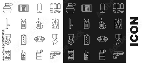 Set line Pistol or gun, Military reward medal, Chevron, Aviation bomb, dog tag, Police rubber baton, Hand grenade and icon. Vector