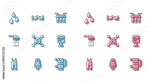 Set line Work overalls, Toilet urinal pissoir, Water drop, Heated towel rail, tap, Pressure water meter, Shower and Broken pipe icon. Vector