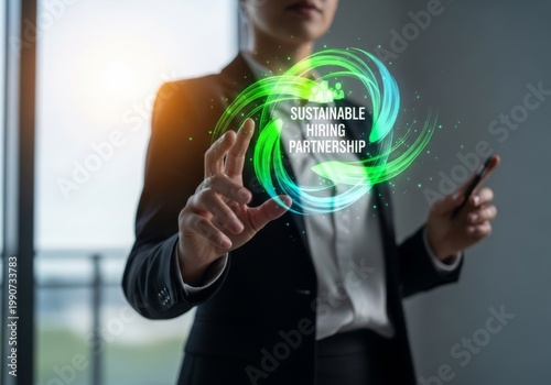Businesswoman interacting with sustainable and ethical partnership