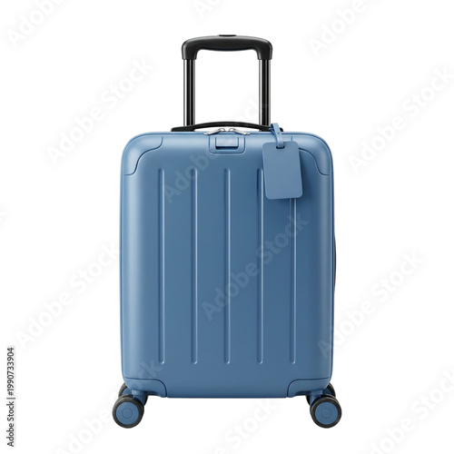 Blue rolling suitcase with telescopic handle and tag isolated on transparent background