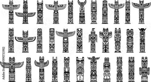 Totem Pole Icon Set Featuring Tribal and Native American Designs for Cultural and Heritage Illustrations