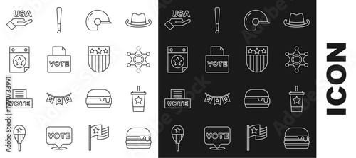 Set line Burger, Paper glass with straw, Hexagram sheriff, Baseball helmet, Vote box, Calendar date July 4, USA Independence day and Shield stars icon. Vector