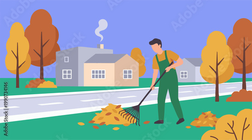 Man Raking Autumn Leaves in a Residential Neighborhood