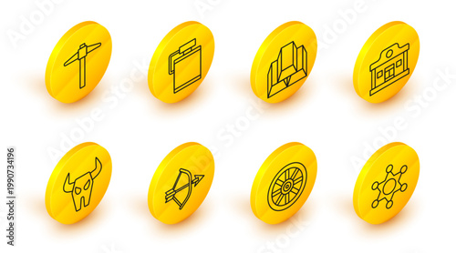 Set line Hexagram sheriff, Old wooden wheel, Bow and arrow in quiver, Buffalo skull, Wild west saloon, Gold bars, Canteen water bottle and Pickaxe icon. Vector